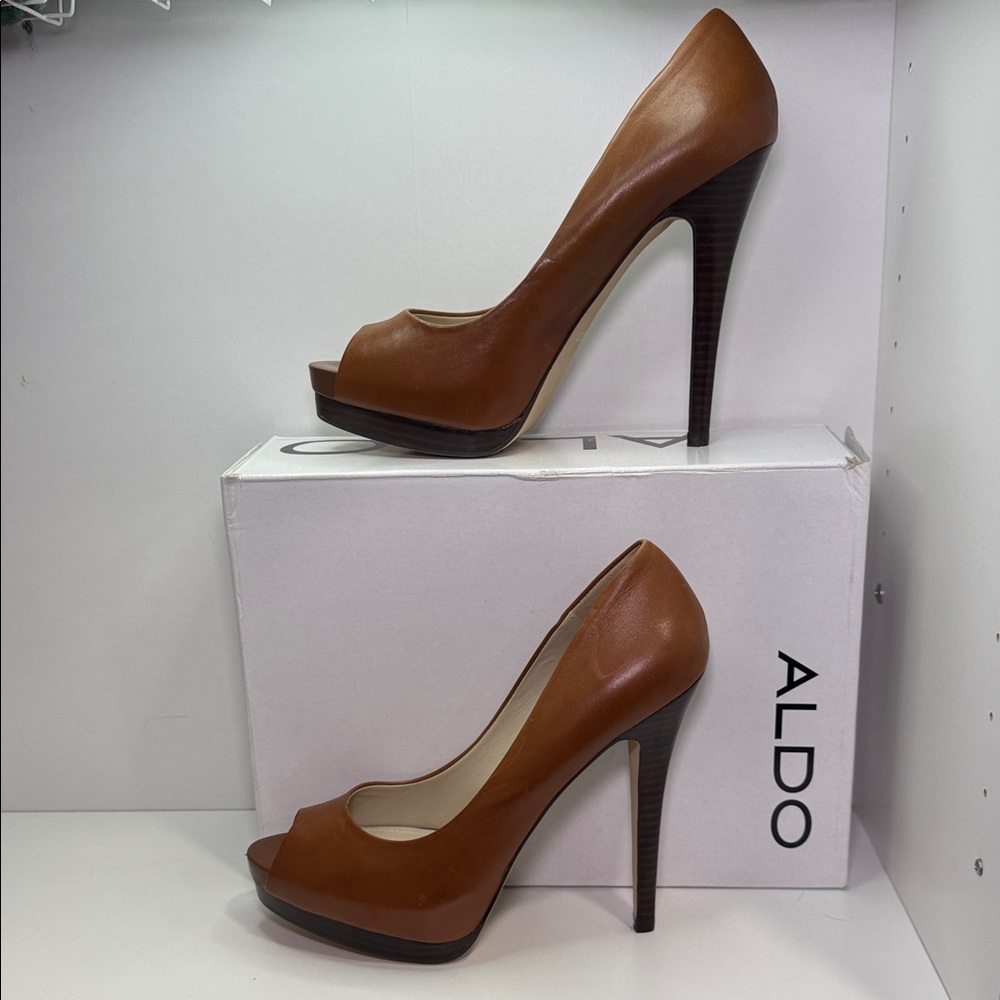 ALDO Macksey-28 Tan Leather Peep Toe Heels – Size 40 (US 9)